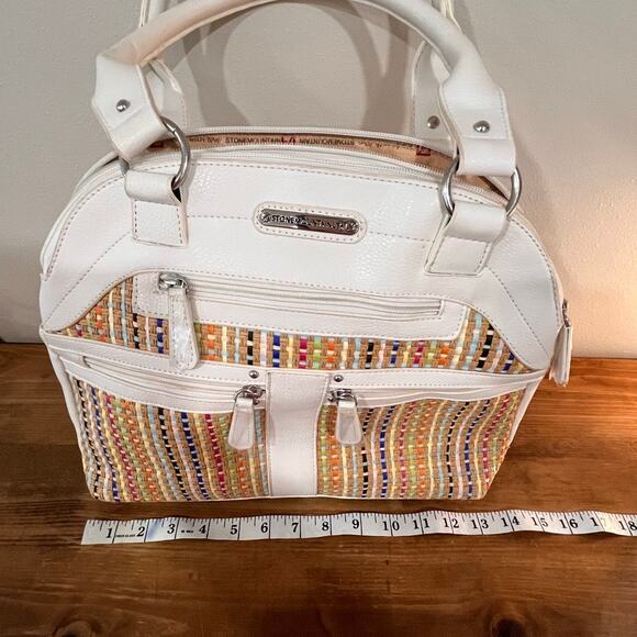 Stone Mountain Multicolor Straw Satchel Bag White Faux Leather Trim - Picture 16 of 16